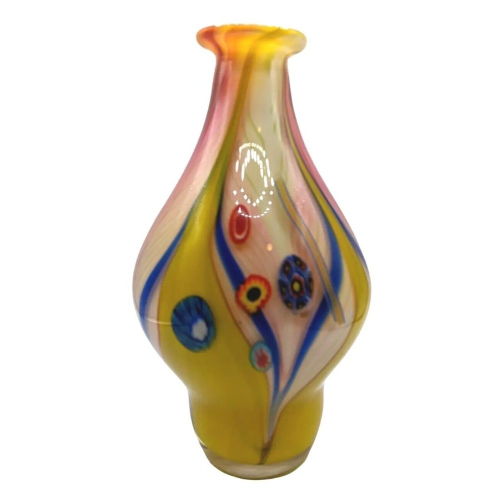 Vintage Murano Hand Blown Yellow Glass Vase Large Millefiori Art Glass